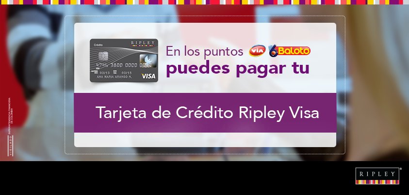 Ripley_Colombia's tweet photo. "¡Disfruta la comodidad que te da tu Tarjeta de Crédito
Ripley Visa! Y págala en cualquier punto Vía Baloto." https://t.co/hq3rQZ237Z