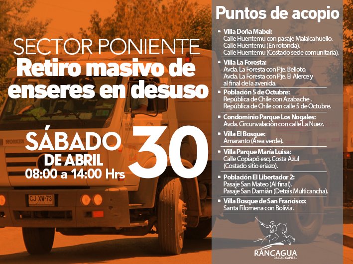 Este sábado retiro de cachureos en diferentes villas y poblaciones del sector poniente de #Rancagua Cc: <a href="/alcaldesoto/">Credes</a>