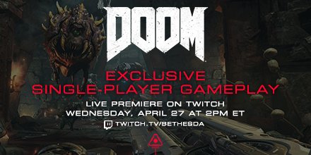 DOOM's tweet image. 30 minutes until we're live from @Twitch HQ for a #DOOM single-player preview! twitch.tv/bethesda