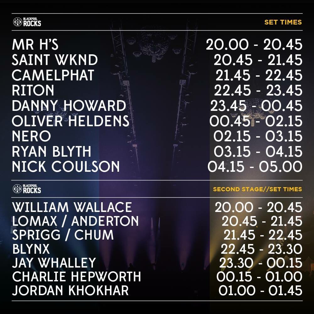 WGEmpress's tweet image. So here's the set times for Friday's @Blackpool_Rocks with some local names + others in attendance! SO EXCITED!🎶🙈