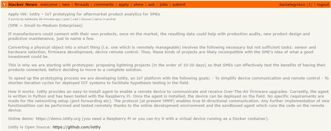 TomorrowData's tweet photo. #Iottly on #ApplyHN: Join the discussion (and retweet) https://t.co/WhjFYDJ4cd #YCF #ycfellowship #InternetOfThings https://t.co/jciwPi6N14