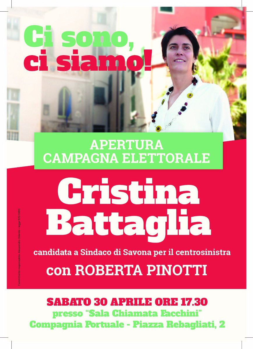 GDSavona's tweet photo. Sabato 30 Aprile vi aspettiamo per l'apertura della campagna elettorale!
#Savona2016 #BattagliaPerSavona https://t.co/sPjJE7HvSF