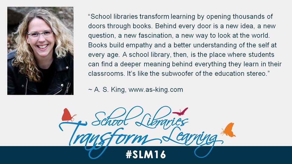 aasl's tweet photo. Author @AS_King says school libraries are "the subwoofer of the education stereo." #slm16 https://t.co/sjZM3YZuTA