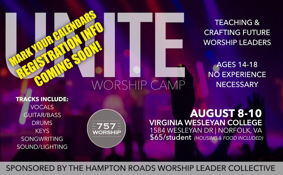 HRWorship's tweet photo. Know a rising worship leader in Hampton Roads?  Here’s their chance to get equipped! Save the date and stay tuned! https://t.co/ApAySTr1cl