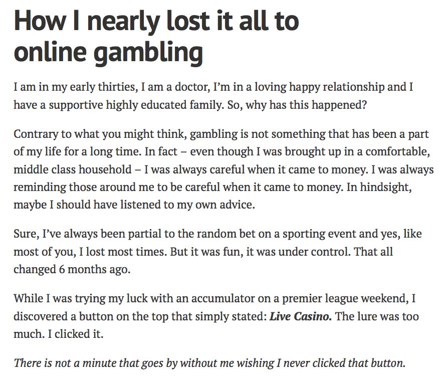 rethinkgambling's tweet photo. How I nearly lost it all to online gambling. 
via:@BeatGamblngNow 
https://t.co/ddsokgfjaX #gambling https://t.co/qJ5Q6G5FyF