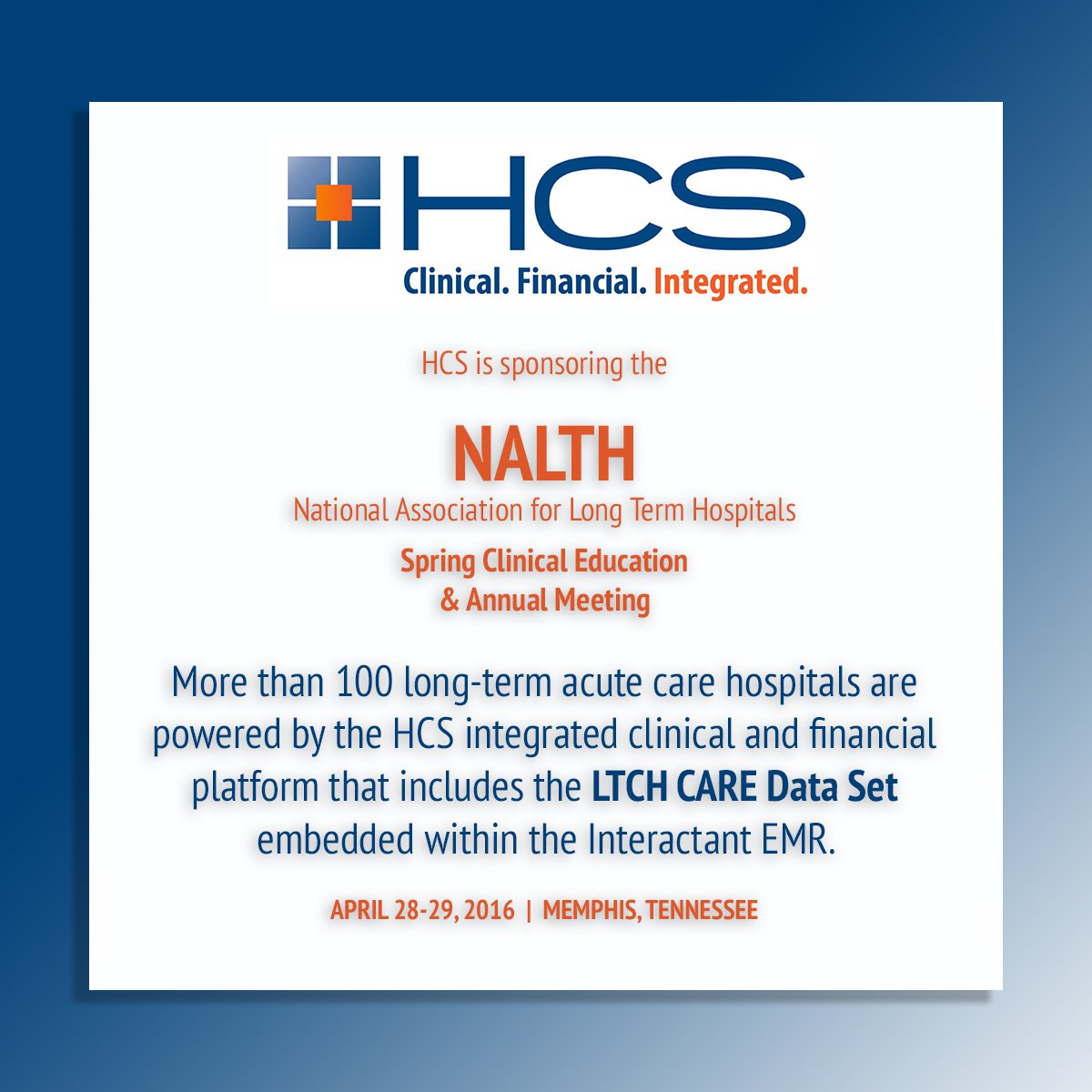 HCSInteractant's tweet photo. TOMORROW! Are you ready? Hernando DeSoto room, Booth 5! #NALTH #HealthIT #HITsm #EMR #EHR #LTCH #LTACH #CAREdataset https://t.co/tSaOxuSBWn
