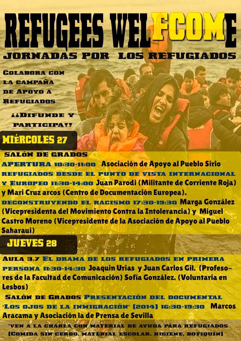 TwitdelMAE's tweet photo. Nos vemos mañana en el segundo día de las jornadas por los refugiados en la Facultad de Comunicación
@MAEFCOM https://t.co/zE0cJ5IvRX