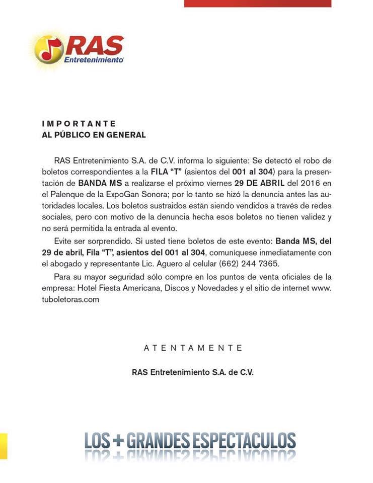 BANDA_MS's tweet photo. Atención Hermosillo: no se dejen engañar existen boletos clona2 para la presentación del 29 tomen sus precauciones https://t.co/6F5ZghQeIj