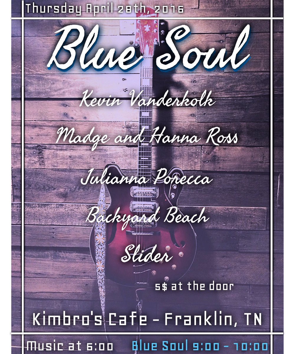 BlueSoul_Band's tweet photo. Tomorrow night!!! Come JAM with us at Kimbro's in Franklin. Great food and bands. We'd love to see ya'll there! https://t.co/YBQeBAJF7d