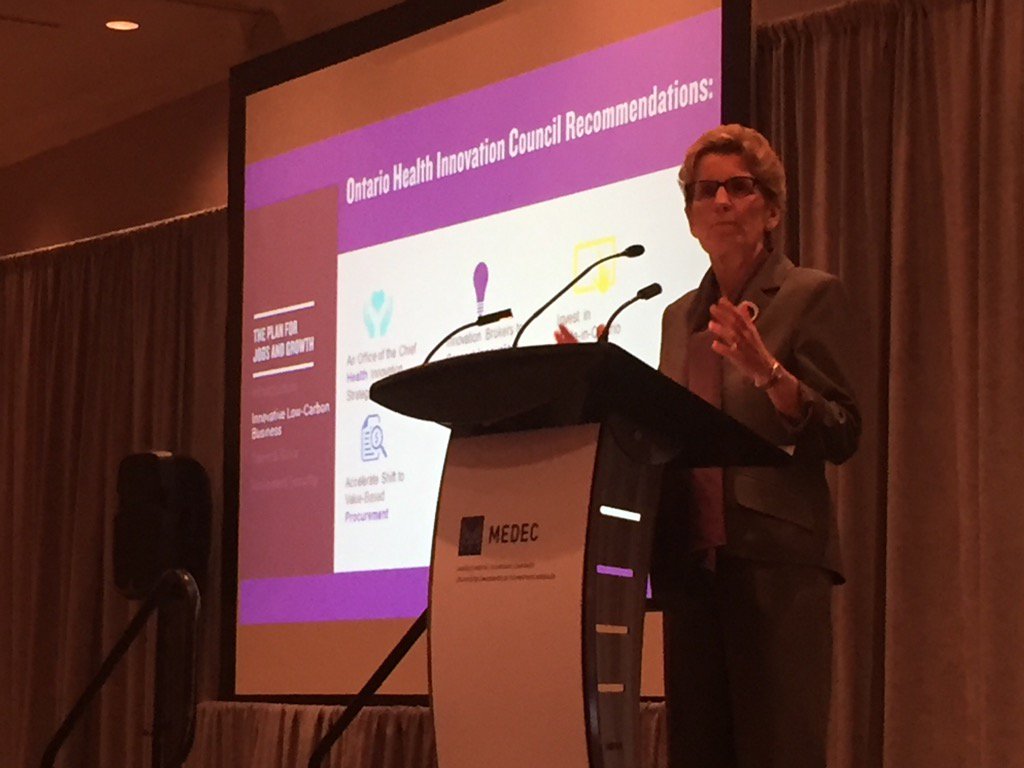 KarenRHurlburt's tweet photo. .@Kathleen_Wynne notes that #OCHIS @WCharnetski will help do scale up of innovation #MEDEC2016 https://t.co/AMf29Wl4C3