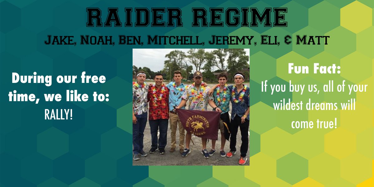 NFStudentSenate's tweet photo. We got spirit at Senior Auction! Here is the amazing Raider Regime (Jake, Noah, Matt, Ben, Jeremy, Mitchell, Eli) https://t.co/mYdRyFWAxU