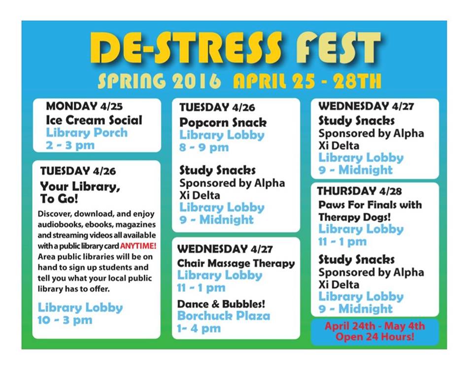 Destress Activities are happening all this week at the @SherrodLibrary Check out the schedule here!