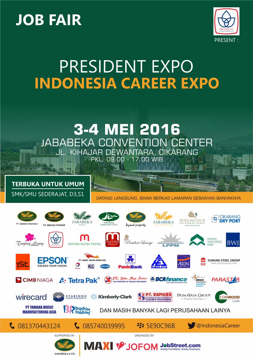 JobStreetcom's tweet photo. ADA 5 TIKET GRATIS #PresidentCareerExpo #JABABEKA 3-4 Mei'16 | Follow @IndonesiaCareer &amp; RT twit ini 1x https://t.co/oxciNNYBJd