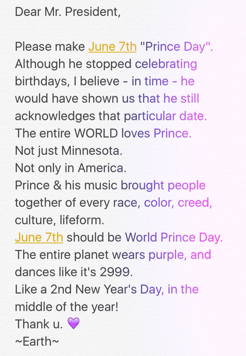 BrianHerczeg's tweet photo. @POTUS 
Dear Mr. President,
06/07/2016 
#Prince Day 4 The World 
@prince @wendyandlisa @SheilaEdrummer @serpan99 
💜☮ https://t.co/kPQ3OVQhcP