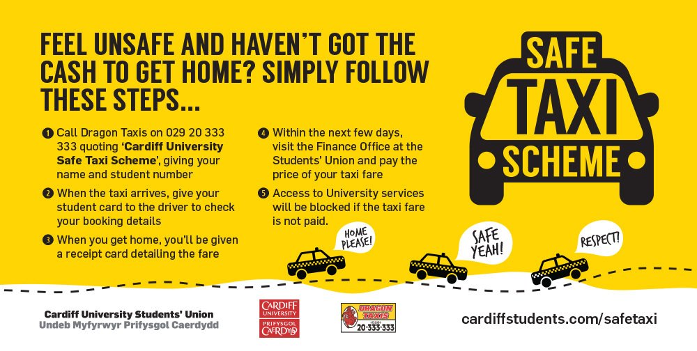cardiffstudents's tweet photo. Make sure you get home safely if you're out tonight. #BeSafe #StayInGroups #SafeTaxiScheme https://t.co/Cn9FSci1uB https://t.co/0wse7GIrAB