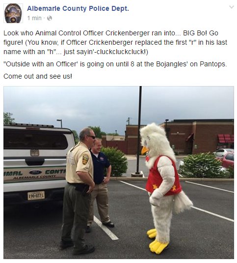 Albemarle County Police Department (@acpd_va) on Twitter photo Look who ACO Crickenberger ran into: BIG Bo! 'Outside w/an Officer' is going on til 8 <a href="/Bojangles1977/">Bojangles'</a> ' on Pantops. Look who ACO Crickenberger ran into: BIG Bo! 'Outside w/an Officer' is going on til 8 <a href="/Bojangles1977/">Bojangles'</a> ' on Pantops.