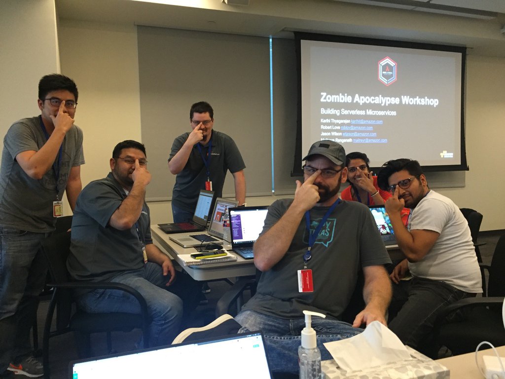 websitealive's tweet photo. The tech team at Amazon's Zombie Microservices Workshop yesterday sharpening up their Lamba skills #AWS #LambdaCorps https://t.co/YGDbaUBCDs