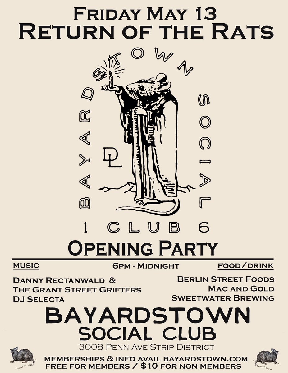 Bayardstown's tweet photo. Return of the rats May 13 w @PGH_Grifters @dannyrec @Selecta720Recs @BLNStreetFood @sweetwaterbrew @macandgoldtruck https://t.co/zsnkE1wgmV