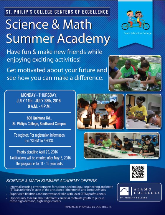 SST_Schools's tweet photo. Have a child in middle or high school? Check out these STEM summer camps provided by St. Phillip's College! https://t.co/OGaLMfsDWM