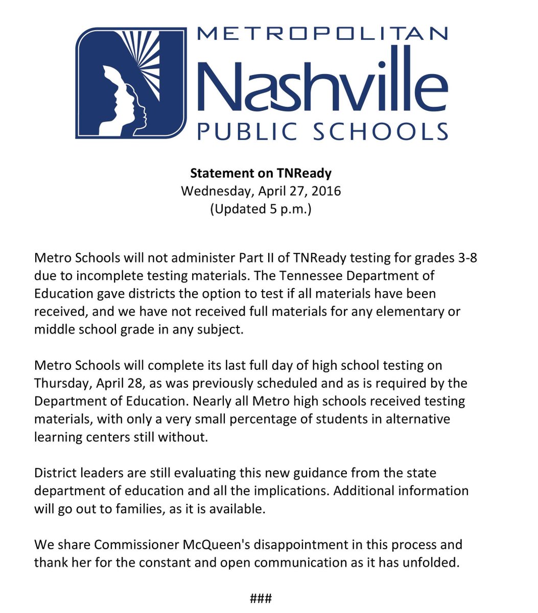MetroSchools's tweet photo. Metro Schools will not administer Part II of TNReady testing for grades 3-8 due to incomplete testing materials. https://t.co/0T6qaJzRZZ