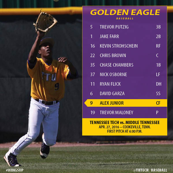 TNTech_Baseball's tweet photo. Here's today's lineup against Middle Tennessee. #SoarWithUs https://t.co/BfmvPXUaqs