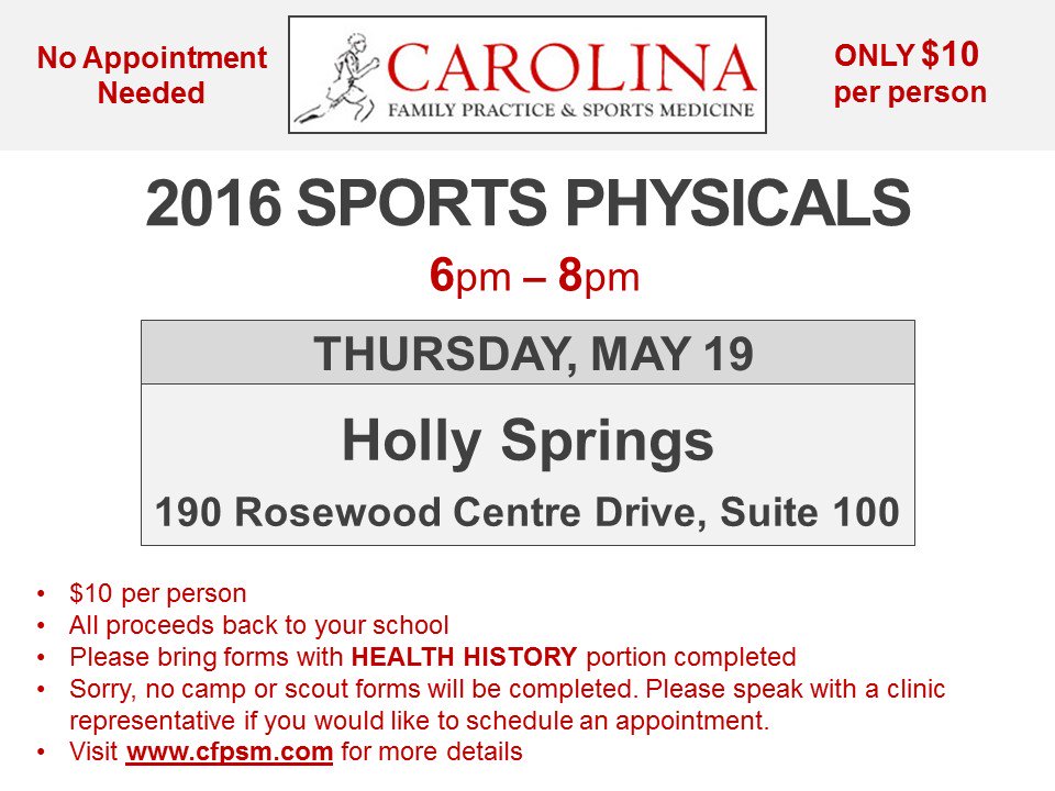 Need a physical to play next year? Here's a great opportunity. 
Physical Night. Thursday May 19, 2016 6-8 pm.