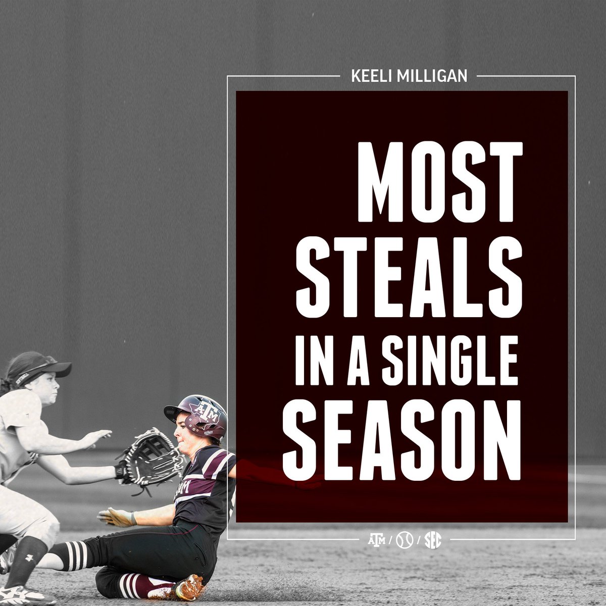 AggieSoftball's tweet image. .@keelimilligan gets her 49th SB of the season, breaking Sharonda McDonald&apos;s record set in 2005! #HowFast #TooFast