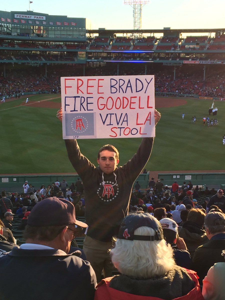cenglish34's tweet photo. We are here, defending the wall at Fenway. #FreeBrady #FireGoodell #GoPrezGo @stoolpresidente @barstoolsports https://t.co/68tFrhhOdd