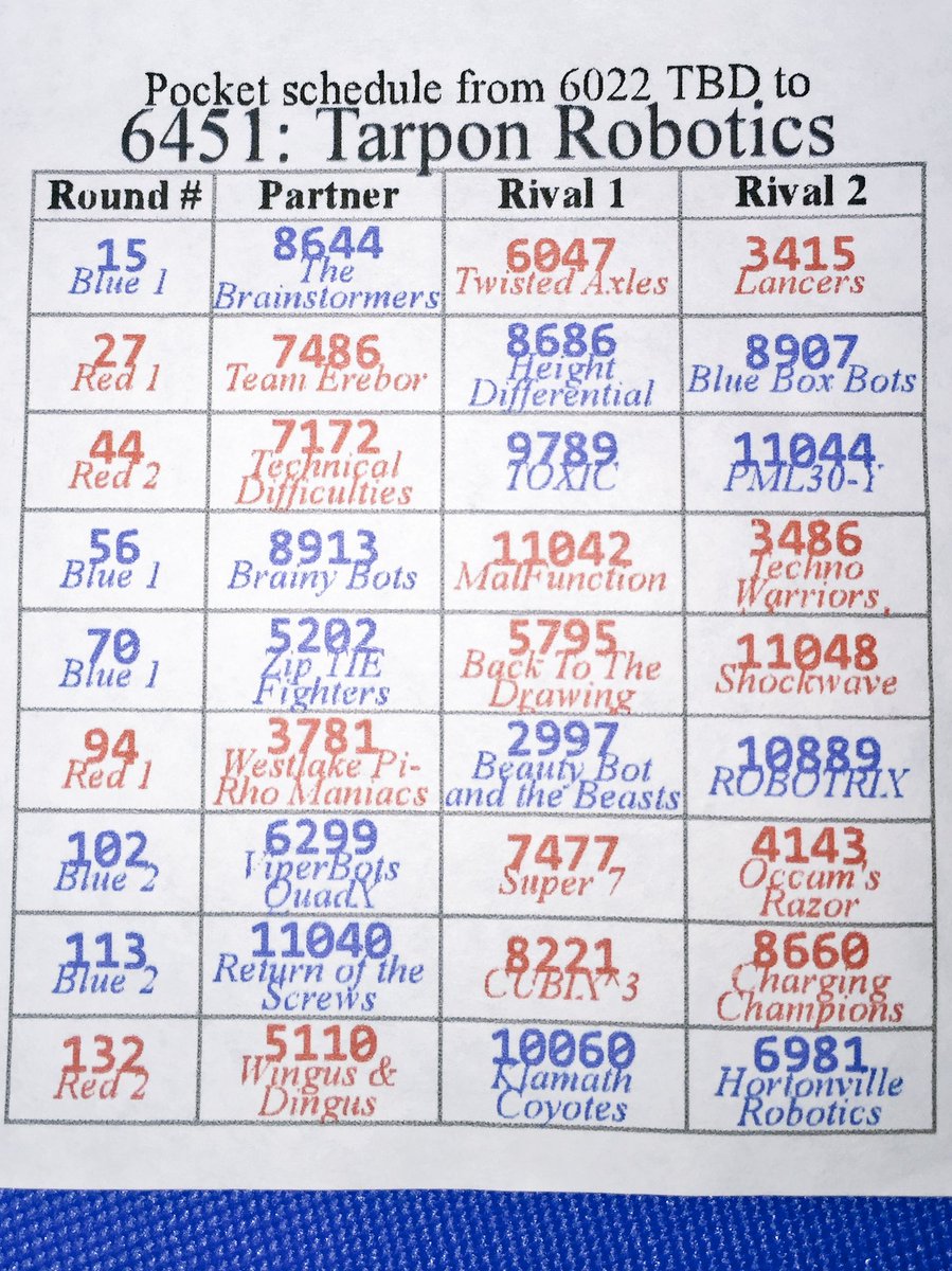 Thanks <a href="/TBD6022/">FTC Team 6022: TBD</a> for the pocket schedule for our Edison Division at Worlds! You guys rock! #ftcWorlds #FTC