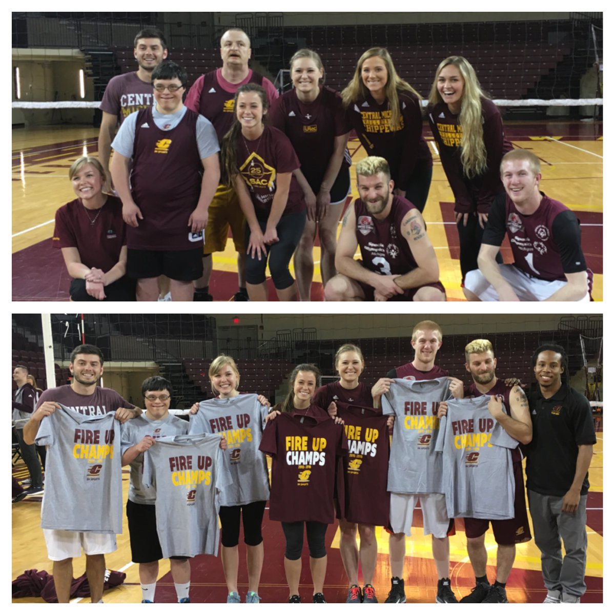 URecCMU's tweet photo. Maroon Warriors celebrate their championship w shirts and @CMUVolleyball player coaches #cmuIMsports @SpOlympicsMI https://t.co/QbTWo8eh3R
