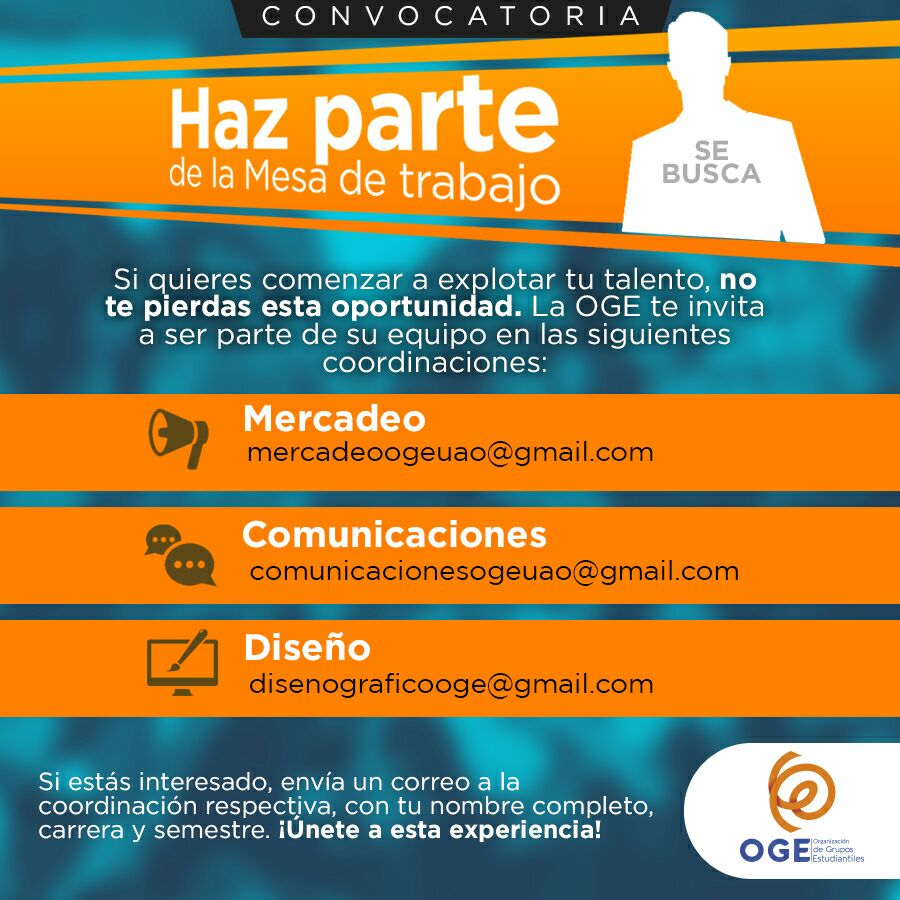 OGEUAO's tweet photo. ¡Anímate a hacer parte de la Mesa de Trabajo OGE!
#LaNuevaOGE https://t.co/FirEDjDzDD