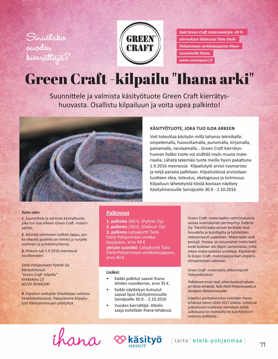 PytinkiMessut's tweet photo. Sinustako vuoden kierrättäjä?Suunnittele&amp;valmista käsityötuote Green Craft kierrätyshuovasta.#käsityömessutseinäjoki https://t.co/GldRXy0N2V