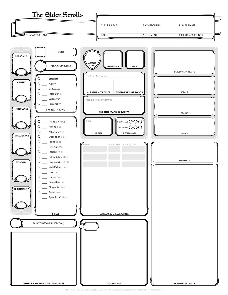 Elder Scrolls Trpg Check Out This 5e Character Sheet Updated With Uestrpg Skills And Attributes