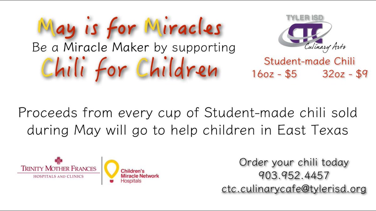 TylerISD_Cafe's tweet photo. Help support @TMFHC_CMN with chili made by the culinary students @CTCTylerISD @ctc_cafe_tisd https://t.co/WuHS77d8uQ https://t.co/6uYJkSYhqR