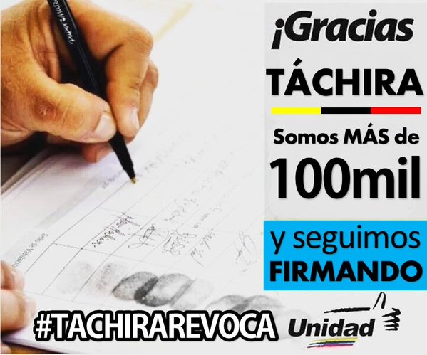 une7e's tweet photo. Gracias Táchira somos MÁS 100mil y seguimos FIRMANDO ¡Con el revocatorio para el cambio! https://t.co/a9hcU12NCV