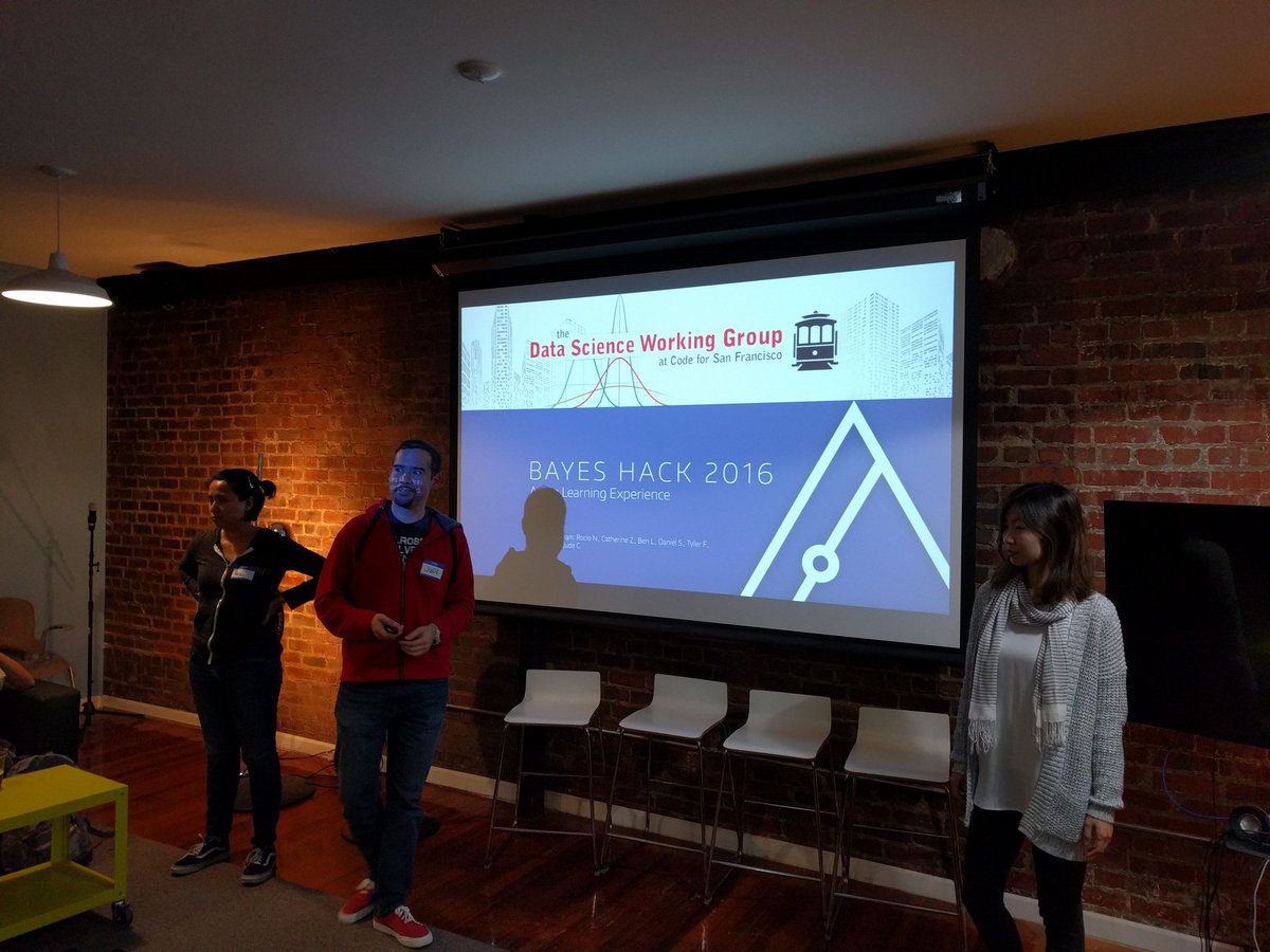 UncJesseBee's tweet photo. .@jude_c &amp; #datascience working group @SFbrigade presenting #BayesHack  #TransportationHackathon win! #civictech https://t.co/EVvOB5mwYY