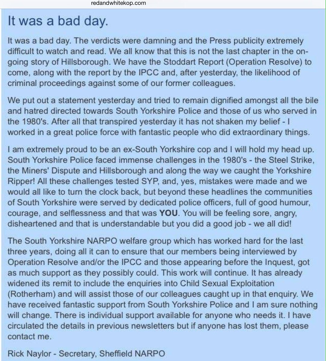 The now deleted post from South Yorkshire Police retired officers group via <a href="/RAWKeditor/">Red And White Kop</a> .  

A case study in denial