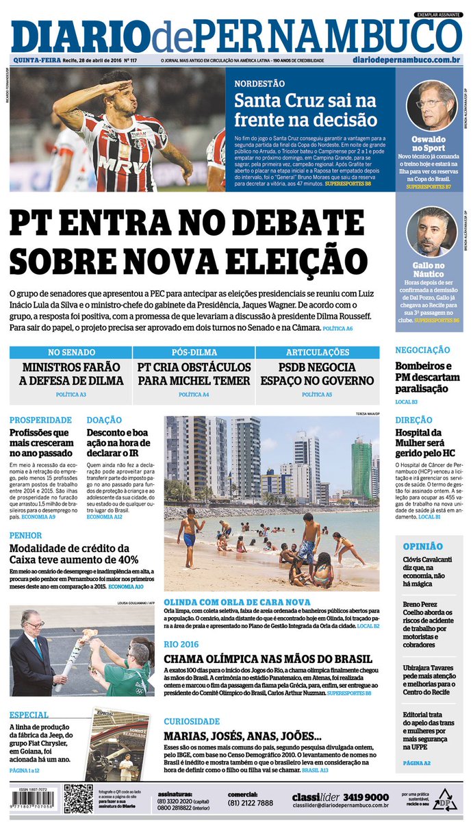PT entra no debate sobre nova eleição. Veja a capa do Diario de Pernambuco desta quinta-feira, 28 de abril de 2016