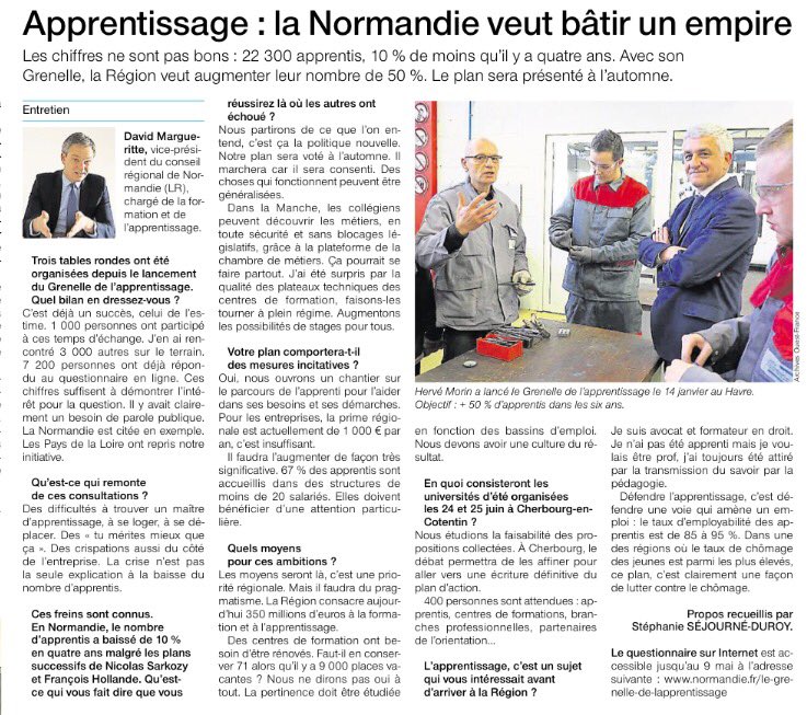 Retrouvez mon interview de ce jour dans <a href="/OuestFrance/">Ouest-France</a> "Apprentissage : la <a href="/RegionNormandie/">Région Normandie</a> veut bâtir un empire"
