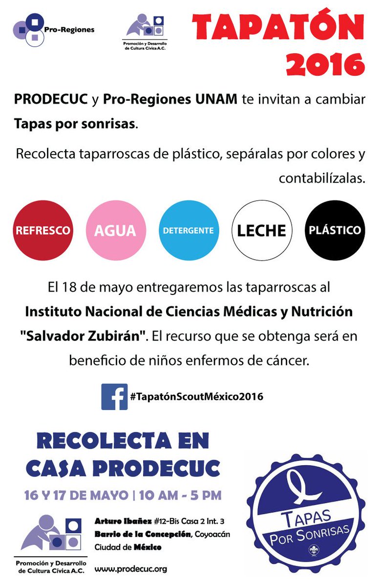 proregiones's tweet photo. Junta tapas de plástico y llévalas a @PRODECUC el 16 o 17 de mayo para apoyar a niñxs enfermxs de cáncer. #Tapaton https://t.co/TNgCd7Fa7G