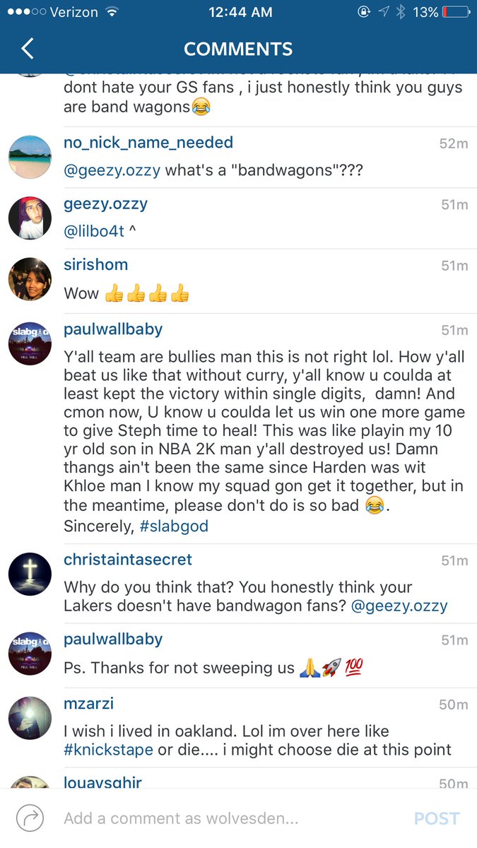WolvesDenCa's tweet image. When Paul Wall comments on the Warriors IG... Lol