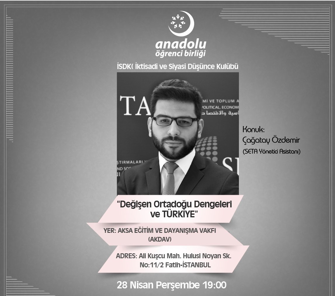"Değişen Ortadoğu Dengeleri ve Türkiye" yi <a href="/cagatayozdemirr/">Çağatay Özdemir</a> ile bu akşam19:00'da AKDAV'da konuşuyoruz.
