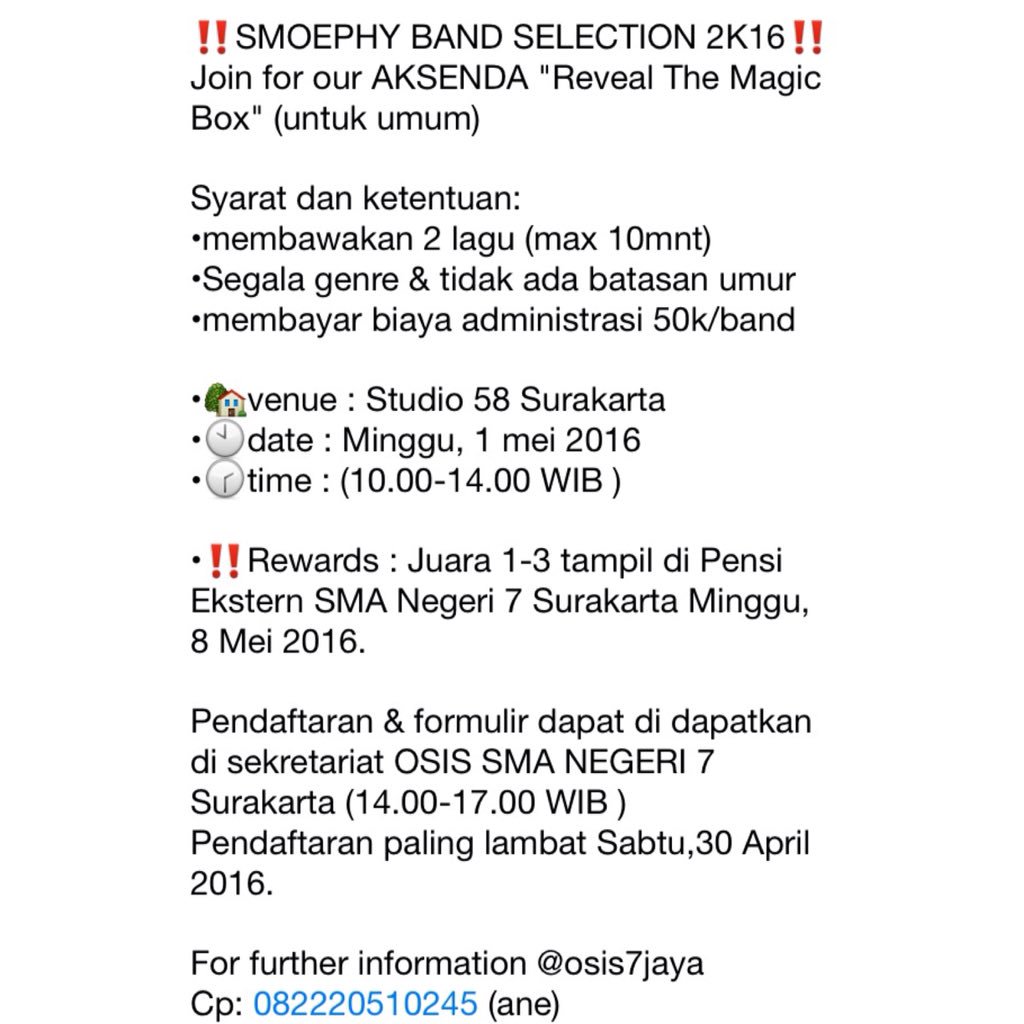 Zona_Solo's tweet photo. Buruan daftarin band kalian guys biar bs tampil di pensi SMA 7 Surakarta | more info: @OSIS7Jaya  https://t.co/GofBpUEjCq