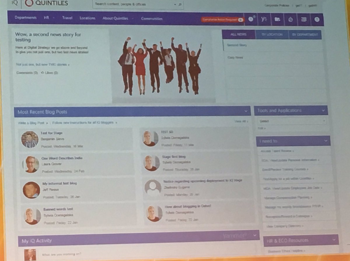 ninanikolaisen's tweet photo. The intranet at Quintiles features blogs, activity streams, tool picker, top tasks and only one third news!#intreleu https://t.co/6N2vces8yd