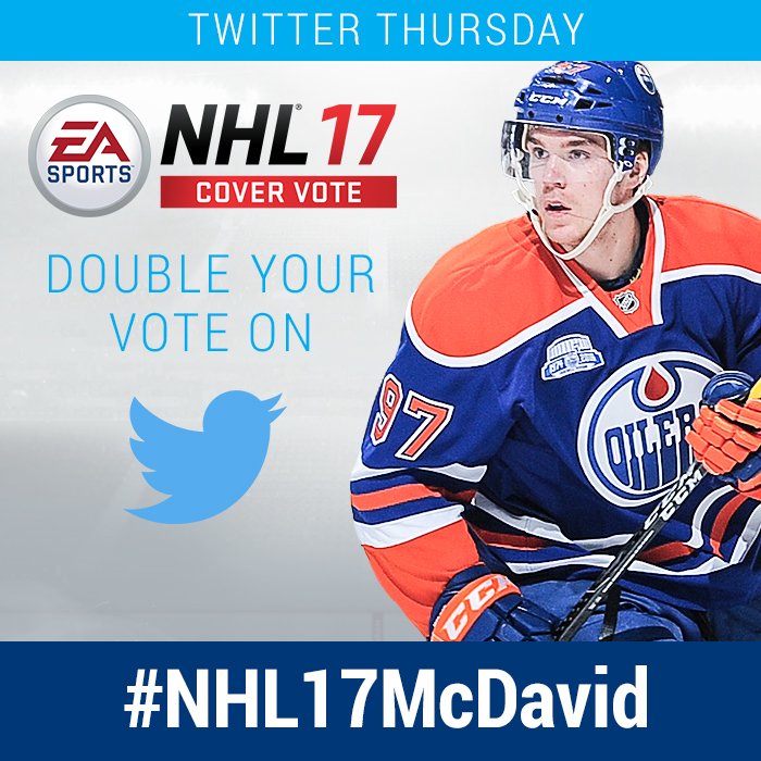 It's Twitter Thursday! RT to vote for <a href="/cmcdavid97/">Connor McDavid</a> for the <a href="/EASPORTSNHL/">EA SPORTS NHL</a> 17 cover! #NHL17McDavid