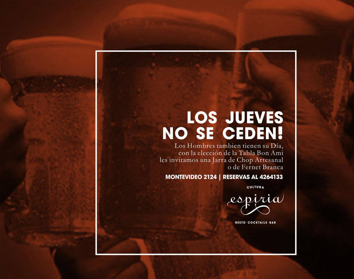 Espiria's tweet photo. #Jueves Mesas de hombres: Con la elección de una Tabla Bon Ami les invitamos una jarra de Chop Artesanal o Fernet. https://t.co/06DLpggbdW