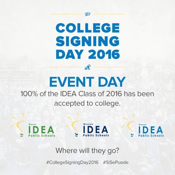IDEAschools's tweet photo. We're excited to celebrate #IDEAQuest, #IDEAMission, and #IDEADonna seniors for #CollegeSIgningDay2016! #SiSePuede https://t.co/XreNonYokW