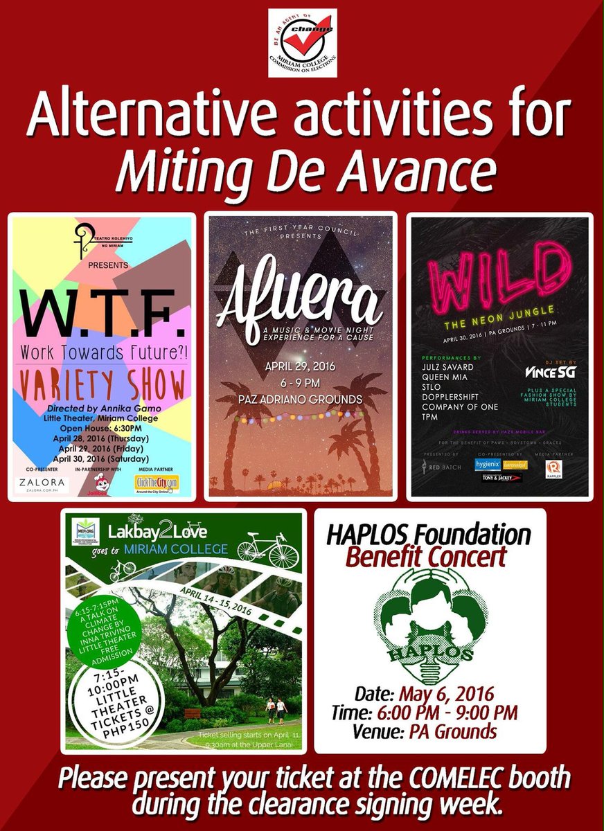 MCComelec's tweet photo. Alternative activities for MDA! Details about these events are posted in our Facebook page: https://t.co/e6Y4pJ0RsT https://t.co/0i04MEKo7E