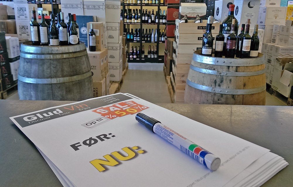 gludvin's tweet photo. Klar til udsalg. Spar op til 50% på udvalgte vine 28.-30. april: https://t.co/vP5EK9MUq3  #gludvin #dkwine #randers https://t.co/2LjijRF78j