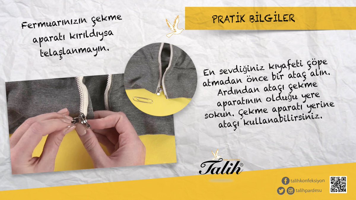 talihpardesu's tweet photo. Pratik bilgiler – Fermuarınızın çekme aparatı kırıldıysa telaşlanmayın. 
#pratik #bilgi #fermuar #ataç https://t.co/fj6G4SItX5